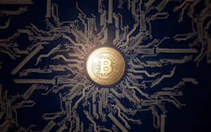 金色比特幣硬幣被發光電路圖案包圍，背景為深藍色。 — 比特幣 壁紙