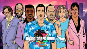 80年代風格的Grand Theft Auto Miami Beach角色，以色彩繽紛的城市日落為背景。