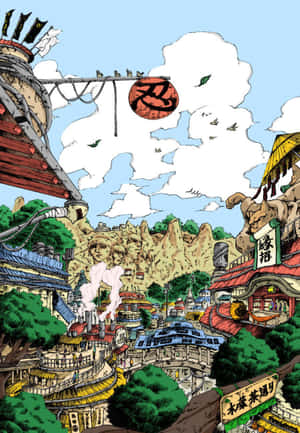 動漫村莊，帶有忍者標誌和藍天下的山景背景。