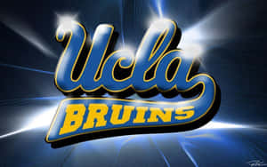 UCLA Bruins標誌，藍色和金色字體，在帶有光線條的藍色背景上發光。