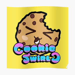 一個微笑的卡通曲奇，帶有咬痕和眨眼眼睛，在文字Cookie Swirl上方。