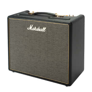 黑色Marshall結他擴音器，配金色飾邊和紋理網格。