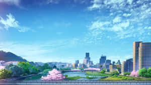 動漫城市，河邊櫻花，藍天白雲。