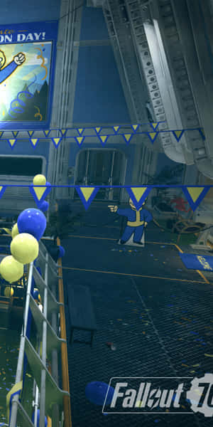 避難所內部裝飾著氣球、橫幅和Vault Boy剪影，用於慶祝活動。 — 18:9 壁紙