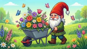 小矮人在陽光明媚的花園裡推著裝滿鮮花的獨輪車，蝴蝶飛舞