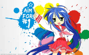 穿著校服的動漫女孩向上指，帶有 'AIM FOR #1' 文字和彩色油漆飛濺。