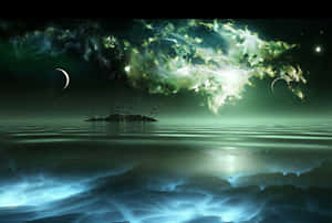 在星雲和彎月下，發光的外星海洋，岩石海岸線。 — 幻覺 壁紙