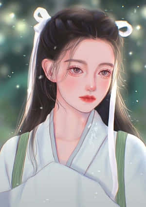 動漫女孩穿著傳統長袍，頭髮上有白色絲帶，背景是發光的綠色。