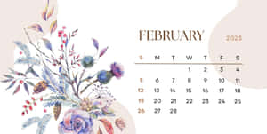 2023年2月月曆，水彩花卉和薊花，米色背景。
