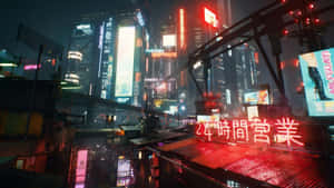 未來主義的夜晚城市，帶有霓虹燈招牌和雨濕的街道。