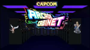 霓虹燈遊戲機走廊，帶有 Capcom 品牌和角色海報。