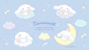 Cinnamoroll 角色在星空下的雲朵和月亮上睡覺。