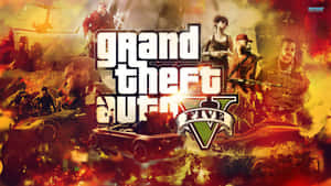 《Grand Theft Auto V》遊戲封面，角色與汽車在熾熱的城市混亂中。