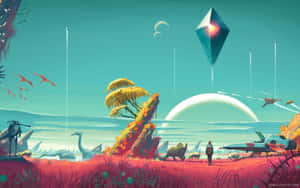 探險家在發光的天空下，與恐龍和飛行生物一起穿過外星世界。