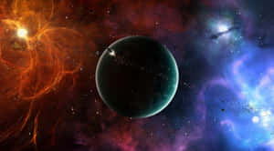 一顆帶有環的黑暗行星被色彩繽紛的宇宙雲和星星環繞。