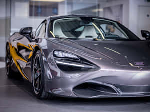 現代展廳中的銀色McLaren 720S跑車，帶有黃色點綴。