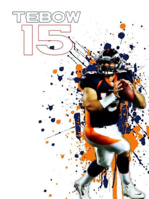 野馬隊球衣的足球運動員Tim Tebow，手持足球，背景為油漆飛濺效果。