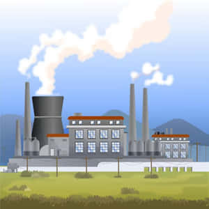 工業發電廠，煙囪在藍天和綠野背景下排放蒸汽。 — 美學拼貼 壁紙