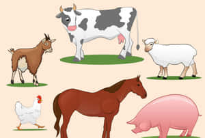 一群卡通農場動物站在米色背景上的綠色斑塊上。 — 美學拼貼 壁紙