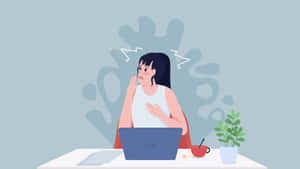 壓力大的女人在辦公桌前，手提電腦和咖啡，被問號包圍。