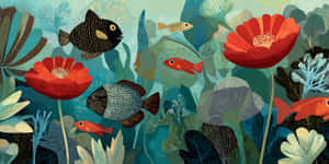 風格化水下插圖，有紅色花朵、珊瑚和魚在藍綠色樹葉間 — 插畫 壁紙