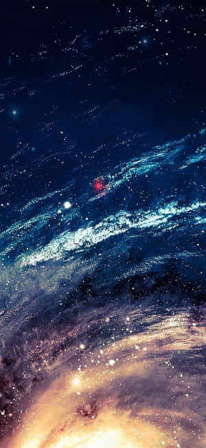 充滿活力的宇宙星雲，帶有旋轉的藍色和金色雲彩以及發光的星星。