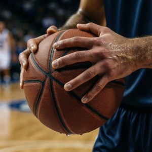 汗濕的手在木地板上比賽時緊握籃球。