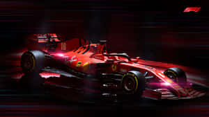 紅色法拉利F1賽車在黑暗賽道上閃爍燈光