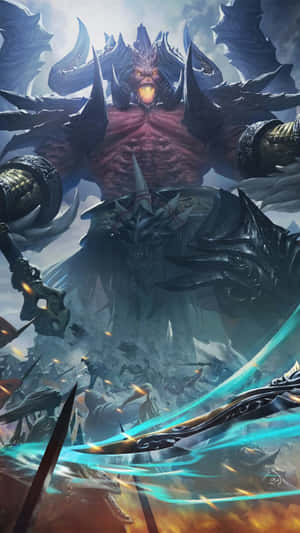 一個擁有發光眼睛和尖刺盔甲的巨型惡魔軍閥，主宰著熾熱的戰場。