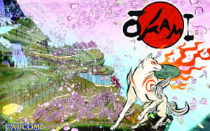 一隻帶有紅色標記的白狼在紅太陽下躍過櫻花景觀。