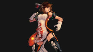 動漫女戰士身穿白色連衣裙，帶有紅色龍紋身和黑色靴子，手持槍支。