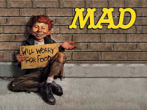 卡通男孩在磚牆上的MAD標誌附近手持「Will Worry For Food」標語牌。