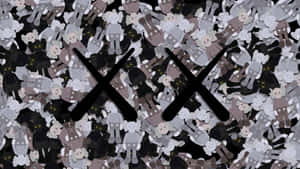 灰階的KAWS Companion人物，帶有黃色X眼睛，並覆蓋著兩把黑色刀片。