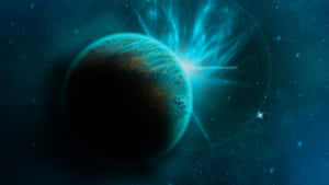 一顆藍色行星帶有發光的極光，在佈滿星星的太空場景中。