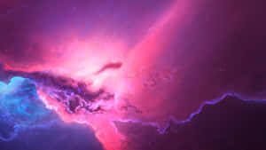 電光粉紅和藍色的星雲雲團在深空中發光，散佈著星星。