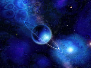 一顆帶有光環的藍色行星漂浮在繁星點點的宇宙星雲中。