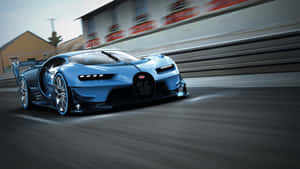 一輛藍色Bugatti賽車在賽道上疾馳，帶有動態模糊。