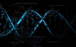 深色數位藝術風格中帶有分子標籤的發光藍色DNA螺旋。