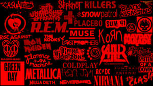 黑色背景上的紅色樂隊標誌，包括 Metallica、Nirvana 和 Green Day。