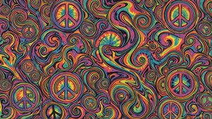 帶有旋轉彩虹圖案和和平符號的迷幻壁紙。