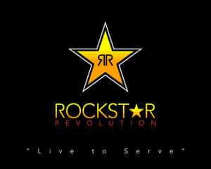 Rockstar Revolution標誌，金色星星和標語Live to Serve在黑色背景上。