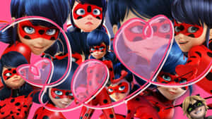 身穿紅色服裝的Ladybug動漫角色，周圍有粉紅心形。 — 拼貼 GIF 壁紙