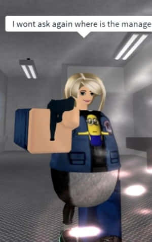 Roblox角色在辦公室走廊中手持槍和Minion毛公仔。 — Galaxy Tab Active 壁紙