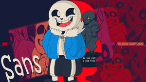 動漫骷髏角色Sans咧嘴笑，被紅色頭骨和陰影人物包圍。 — Sans GIF 壁紙