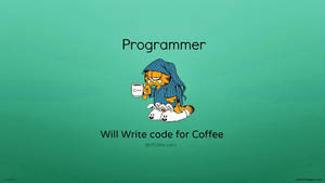 卡通貓咪穿浴袍手持C++咖啡杯與兔子，文字顯示Programmer Will Write code for Coffee