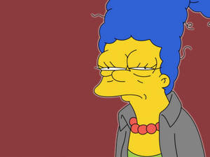 瑪吉·辛普森（Marge Simpson）藍色頭髮和紅色珠子，看起來很生氣。