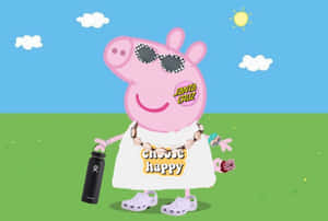 Peppa Pig 在晴朗的日子戴著太陽眼鏡和快樂上衣。