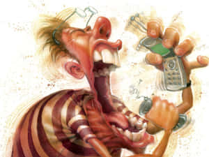 卡通男人尖叫著，同時拿著一部舊式摺疊手機。 — 搞笑 壁紙