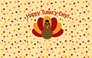 戴著朝聖者帽子的卡通火雞被秋葉環繞，帶有Happy Turkey Day文字。