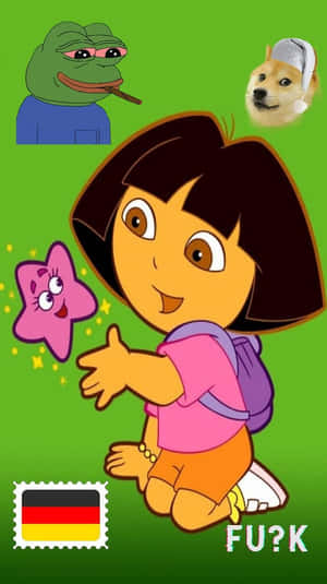 Dora the Explorer 同 Pepe the Frog 同 Doge 喺一個迷因風格嘅卡通圖像中。